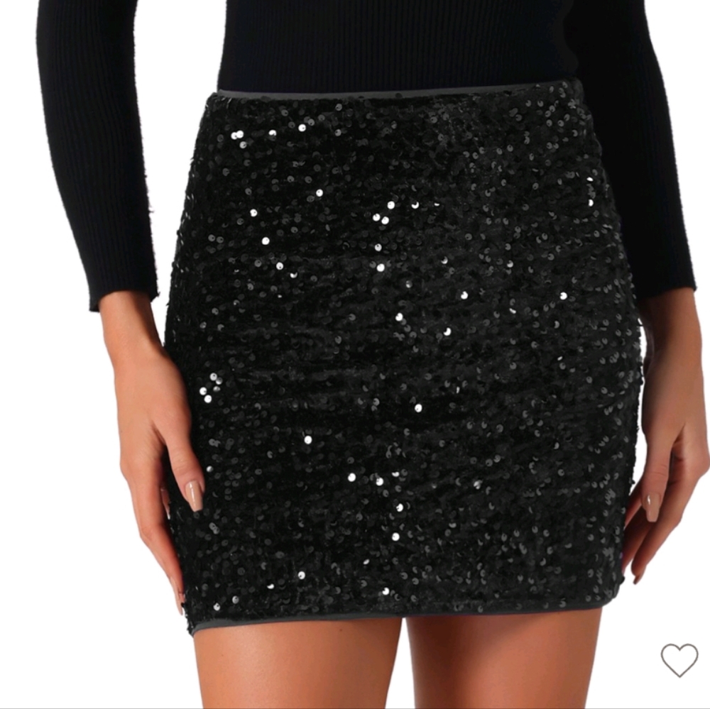 Sequin High Waist Stretchy Velvet Sparkle Party Bodycon Mini Skirt Black Large